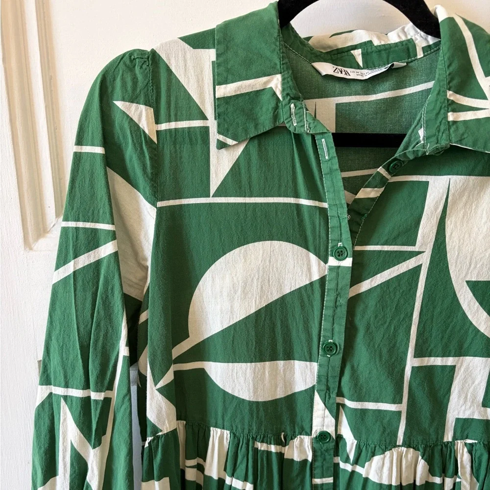 🌻Zara Green and White Geometric Button-Down Maxi Dress - Picture 5 of 7